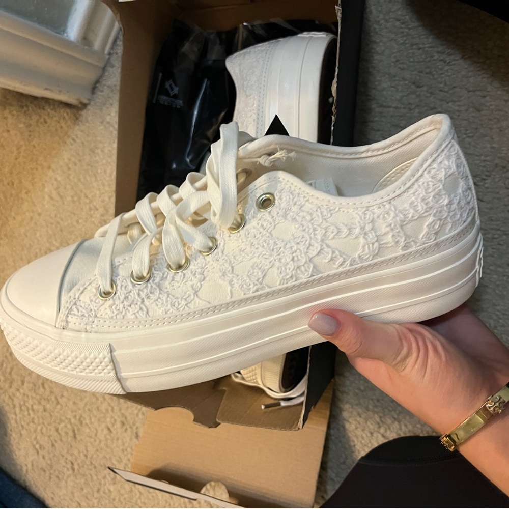 Converse White Crochet Lace Platform Sneakers